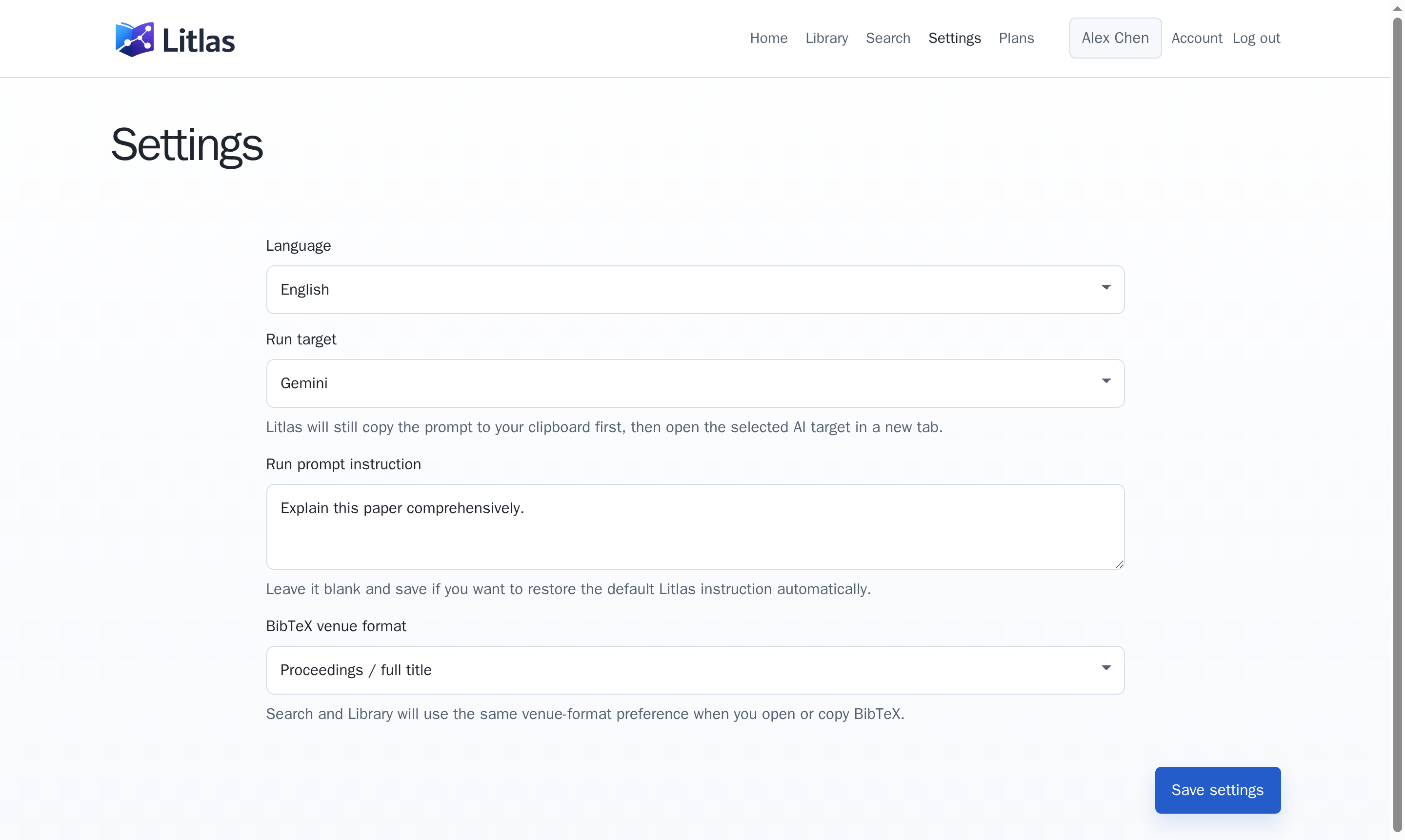 litlas AI run settings with target and prompt instruction
